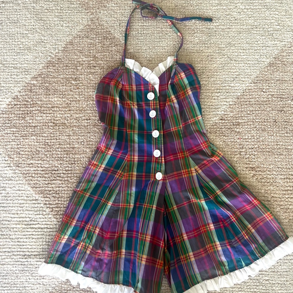 VINTAGE 1960s Plaid Halter Romper Playsuit - XS/S